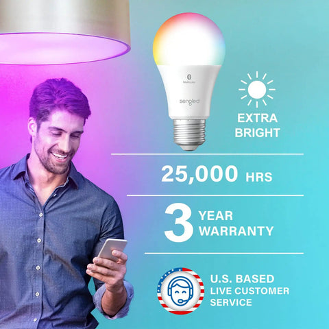Man using smartphone with Alexa Ready Color Changing LED Bulbs A19 100W Equivalent Bluetooth Mesh Dimmable RGB Lighting.