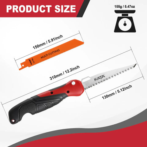 2 In 1 Folding Hand Saw for DIY Projects, Compact Drywall Cutter with Quick Change Multi Cutting Blade Hacksaw, dimensions shown