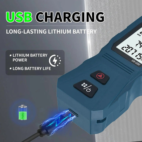 Green Laser Distance Meter 262Ft Portable USB C Rechargeable Digital Measuring Tool showing charging port and USB cable connection.
