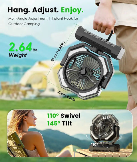 Person holding Camping Misting Fan With 24000mAh Battery, 9oz Water Tank, Built In Light, Hook Mount, Four Speeds And Sleep Mode