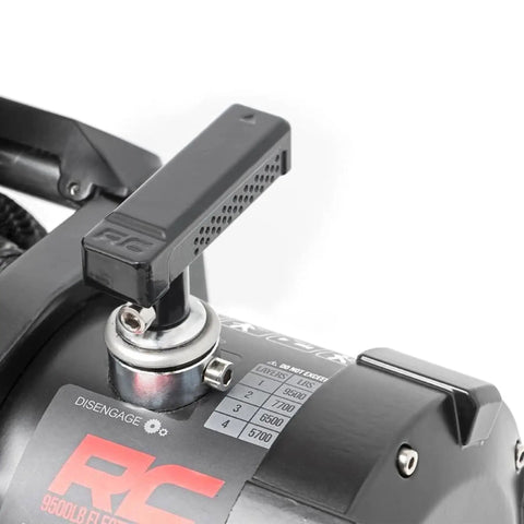 12000 Pound Pro Series Electric Winch With Heavy Duty Synthetic Rope For Off Road Recovery 85 Foot Three Eighth Inch Rope And A Six Horsepower Motor Black Model PRO12000S, close-up clutch lever