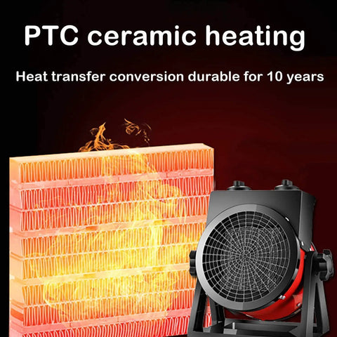 Heavy Duty Ceramic Drum Fan Heater Delivers Kickin Fast Heat With High Airflow And Dual Ptc Settings Plug In Room Warmer Built Tough For Tight Shops Or Big Workspaces Solid Red Finish, showcasing PTC ceramic heating elements.