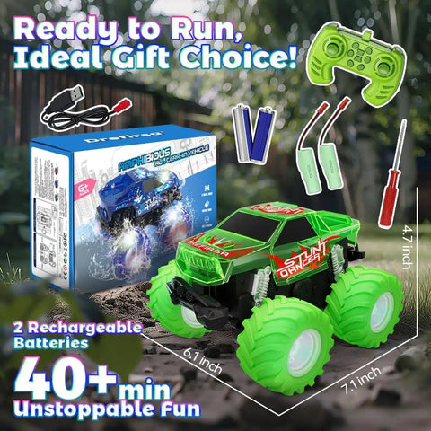 Green remote control monster truck with accessories and packaging, shown with dimensions and features highlighted.