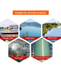 Hexagonal images showing sewage, lake, river, tank, and acid-alkali liquid levels for Ultrasonic Water Level Sensor With Digital LED Display And Plug And Play Setup For 0-5 m Range 4-20mA Analog Output Tank And Reservoir Level Transmitter For Smart Monitoring And Reliable Readings.