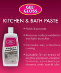 Real Deal Carnauba Wax Kitchen And Bath Polish Removes Scratches Stains Water Spots Protects Fiberglass Marble Acrylic Ceramic Chrome Stainless Steel 16 Oz Jar displayed on a pink background.