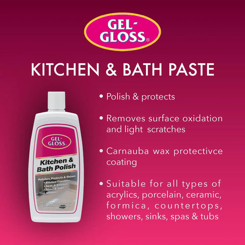 Real Deal Carnauba Wax Kitchen And Bath Polish Removes Scratches Stains Water Spots Protects Fiberglass Marble Acrylic Ceramic Chrome Stainless Steel 16 Oz Jar displayed on a pink background.