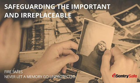 Hands holding old photographs with text 'Safeguarding the Important and Irreplaceable' and 'Fire Safes, Never Let a Memory Go Unprotected'