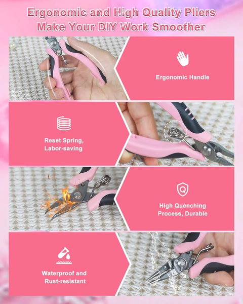 Pro Grade Jewelry Pliers Set For Beading And Wire Wrapping with ergonomic handles and durable steel, showcasing usage and features.