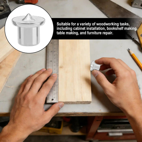 Pro Grade Dowel Pin Centering Kit 20 Pack With Carbon Steel Transfer Pins for woodworking on a wooden board with tools.