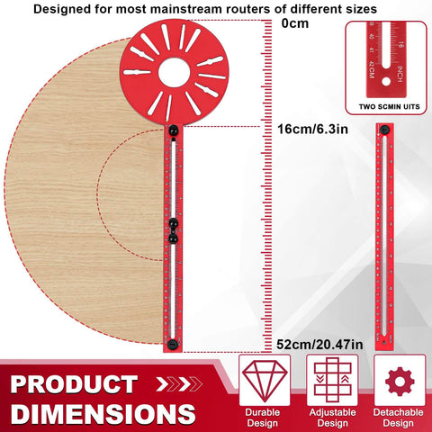 All In One Router Milling Groove Bracket With Aluminum Alloy Construction And 4 In 1 Circle Cutting Jig showing dimensions and features.