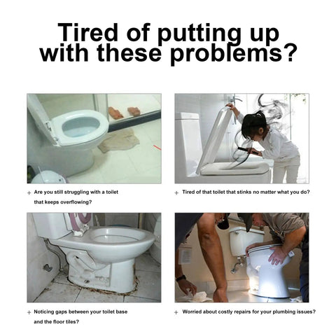 Collage of toilet issues showing overflow, gaps, and odors related to plumbing, highlighting Heavy Duty Butter Wax Ring Kit With Reinforced Bolts Fits 3 Or 4 Inch Pipes Super Tough To Banish Drips Kicks Out Sewer Stank Builds Bulletproof Seal Makes Plumbing Fixes Totally Painless.