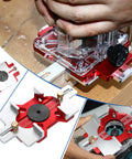 Hands using 2-In-1 Aluminum Slotting Locator For Woodworking, A No-Guesswork Router Grooving Guide With Clear Scale And Adjustable Depth