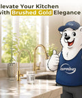 iSpring GA1-G Drinking Water Faucet, Brushed Gold, Lead-Free Brass with water flow, 11" height, elegant kitchen setup.