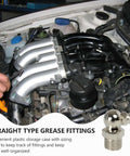 260 Piece Hydraulic Grease Fitting Kit With Galvanized Iron Zerk Nipples In Straight Angled And 90 Degree Configurations, Perfect For Car Maintenance And Mechanical Bearings. Straight type grease fitting on car engine.