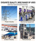 Collage showing applications in power, mechanical equipment, aviation, and petrochemical industries.