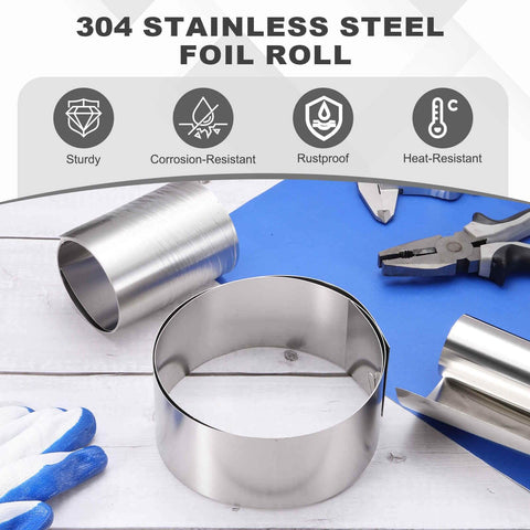 304 Stainless Steel Foil Roll 0.15mm By 50mm By 1m shown with tools and gloves, highlighting corrosion resistance and durability.