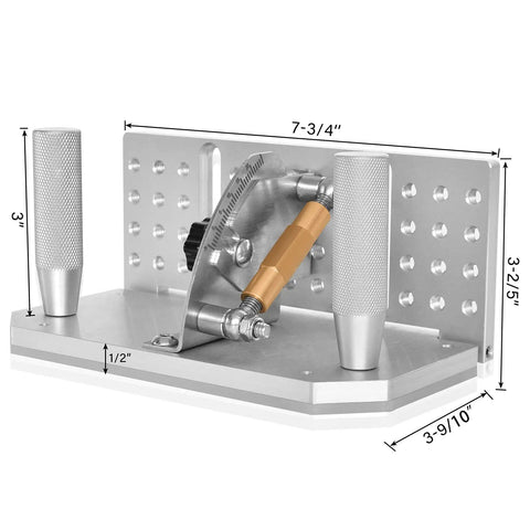Heavy Duty Pro Grade Belt Grinder Knife Jig, 7.75 Inch Long Sharpening Locator With Dual Press Plates, Adjustable Angle From -5 to 25 Degrees, Knife Making Guide For Belt Sander Machines displayed with dimensions and features.