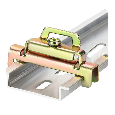 Six Pack DIN Rail Terminal Block End Stopper Set With Iron Galvanized Screw Clamp attached to a metal DIN rail