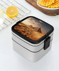 Pyramid Africa Desert Bento Box Leakproof Double Layer Lunch Box with handle and desert scene on the lid on a table setting.