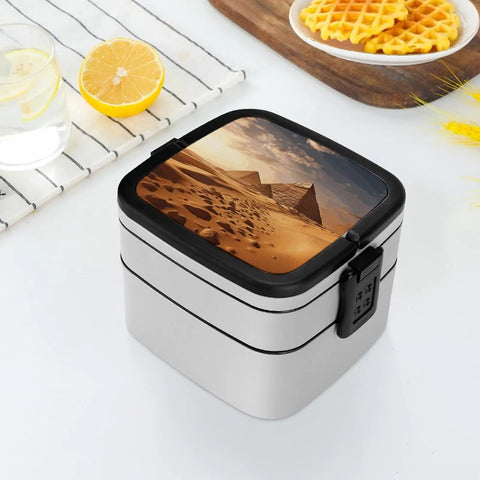 Pyramid Africa Desert Bento Box Leakproof Double Layer Lunch Box with handle and desert scene on the lid on a table setting.