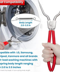Washer boot-seal spring expansion tool and red-handled pliers; two tools shown near a front-load washer.