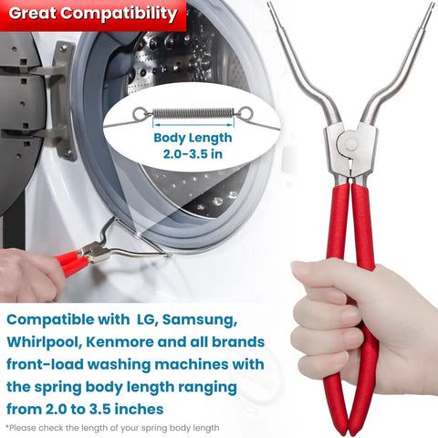 Washer boot-seal spring expansion tool and red-handled pliers; two tools shown near a front-load washer.