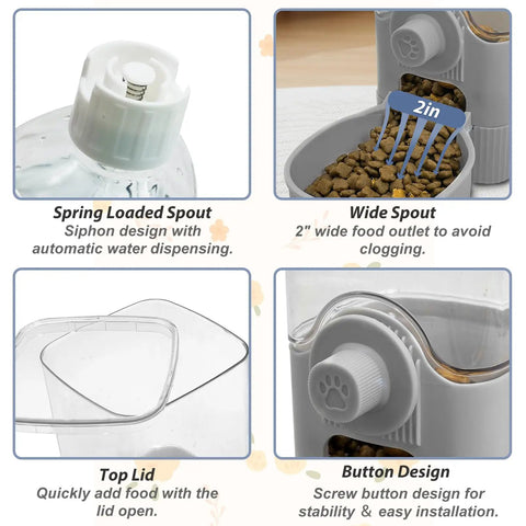 Rock Solid Rabbit Food And Water Dispenser Set With Large Capacity Gravity Feeder System features spring loaded spout and wide 2in food outlet.