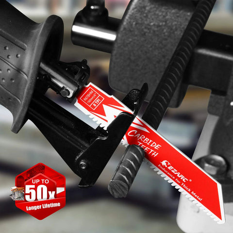 EZARC Endurance carbide reciprocating saw blade, 6-inch, 8 TPI, red label visible, installed in a saw