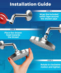Installation guide for High Flow Rain Shower Head With Anti Clog Silicone Nozzles, showing steps and tools