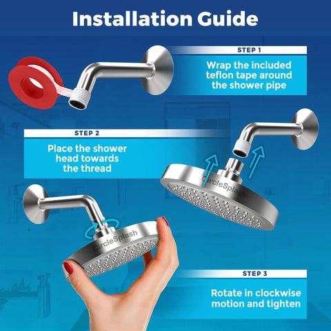 Installation guide for High Flow Rain Shower Head With Anti Clog Silicone Nozzles, showing steps and tools