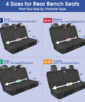 Chart showing 4 sizes of Upgraded 900D Heavy Duty Dog Back Bench Seat Cover for Cars, SUVs and Trucks with measurements.
