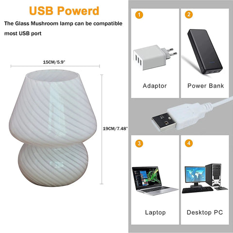 Glass Mushroom Bedside Lamp With Vintage Stripe Glass and USB power compatibility diagram