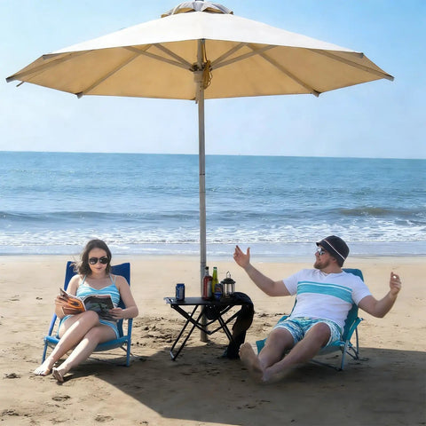 2 Pack Lightweight Low Beach Chairs With Breathable Mesh Back under umbrella by the sea, ultralight 6 lb each, blue color