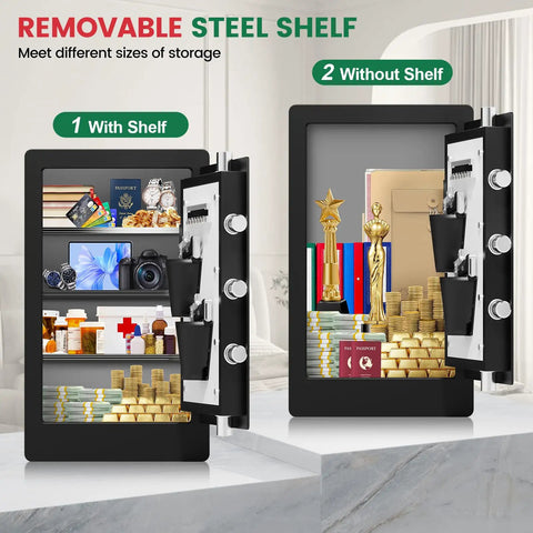5.5 Cubic Feet Biometric Fireproof Safe For Home With Keypad And Dual Alarms Beefy Waterproof Heavy Duty Safe Box with open door and shelves