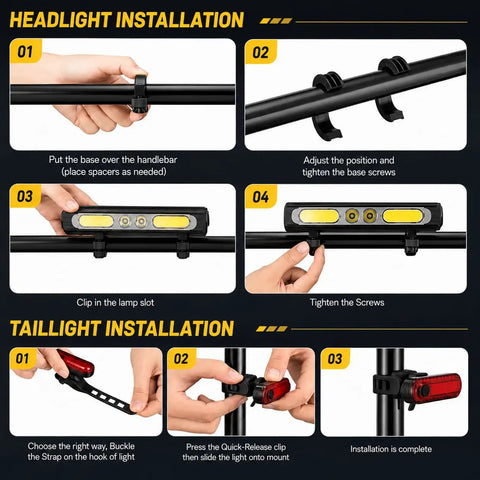 Step-by-step installation guide for 1200 Lumen Bike Headlight And Taillight Set With Aluminum Body, USB-C Rechargeable