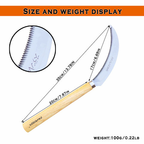 Grass Sickle With Sawtooth Design And Japanese Weeding Hoe For Garden Work size and dimensions display