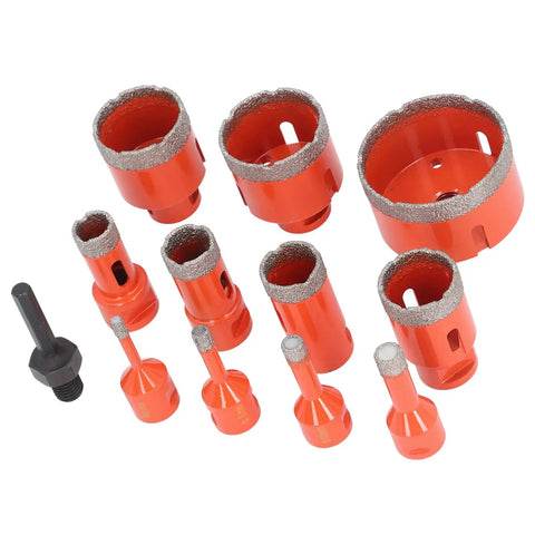Cool Diamond Hole Saw Kit With 11 Pieces For Drilling Ceramic Tiles, Marble Granite Porcelain Stone And Glass Plus M14 Thread Vacuum Brazed Bits In 6 To 68mm Sizes That Get The Job Done Fast, 11 diamond hole saw bits on white