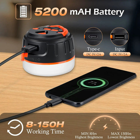 Rechargeable LED Camping Lantern With Remote Control, 1000 Lumen Tent Light charging a phone via 5200mAh battery bank