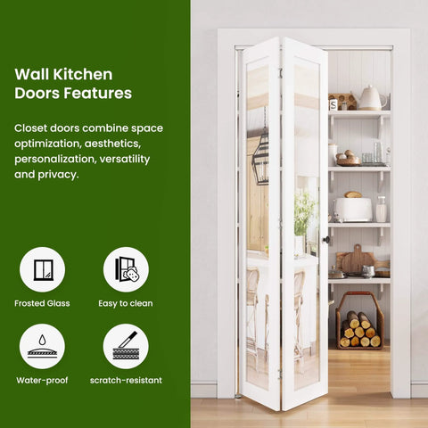 Mirror Bifold Closet Doors Set With Sliding Hardware Kit For 72 Inch Wide By 80 Inch High, Two 18 Inch Panels, White MDF Frame