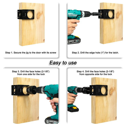 Steps to use No Brainer Easy DIY Door Lock Installation Kit For Knob Deadbolt Handle and Lever with adjustable guide jig and hole saws.