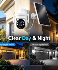 Wireless Outdoor Security Camera With Solar Power And Two Way Talk 2K Hd Full Color Night Vision PIR Motion Alerts Pan And Tilt For Front Door Or Yard IP65 Weatherproof plugged into a wall with a solar panel.