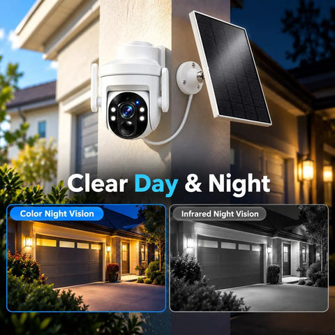 Wireless Outdoor Security Camera With Solar Power And Two Way Talk 2K Hd Full Color Night Vision PIR Motion Alerts Pan And Tilt For Front Door Or Yard IP65 Weatherproof plugged into a wall with a solar panel.