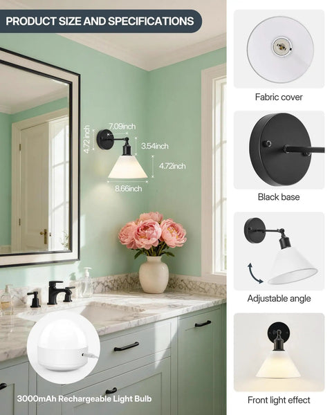 HOJOYRI Black Recharge Battery Operated Wall Sconces Set of Two with Remote installed in a bathroom with adjustable fabric shade.