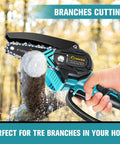 Mini Cordless Chainsaw Portable Electric Handheld Pruning Saw For Tree Branches Yard And Garden Tasks in hand, cutting wood
