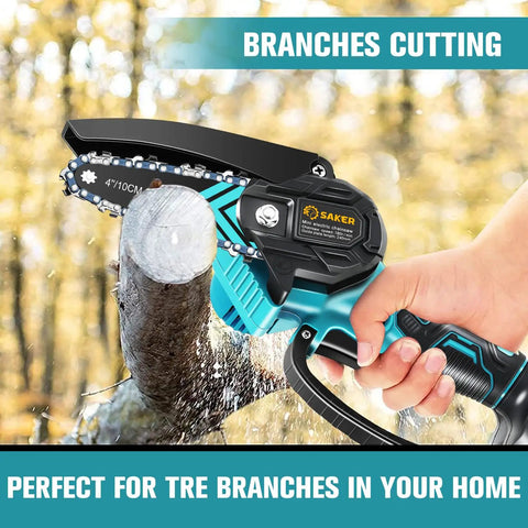 Mini Cordless Chainsaw Portable Electric Handheld Pruning Saw For Tree Branches Yard And Garden Tasks in hand, cutting wood
