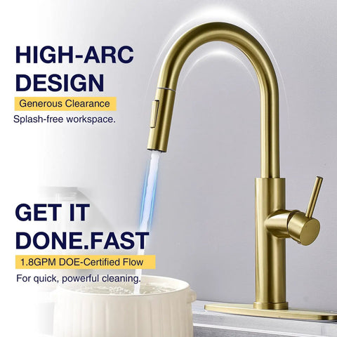 TOYWIA Kitchen Faucets with Pull Down Sprayer, High Arc Single Handle Classic Stainless Steel Sink Faucet 1 or 3 Hole, Suitable for Farmhouse Camper Laundry Rv Bar, Gold with water flow.