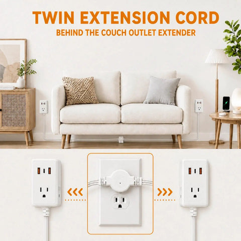 Ditch The Janky Setup With This 12 Ft Twin Extension Cord Offering Three Side Outlets And A Sleek Flat Plug For Zero Plug Fighting And Effortless Fast Charging Anywhere, installed by a couch.