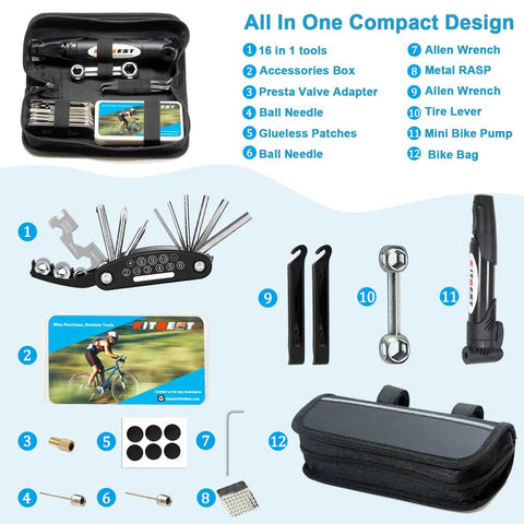 On The Go Bike Repair Kit Bag With 120 Psi Pump And Portable Bicycle Tool Set For Camping And Travel Includes 16 In 1 Multi Tool 10 In 1 Bone Wrench Patch Kit Rasp And Tire Levers displayed with all components.