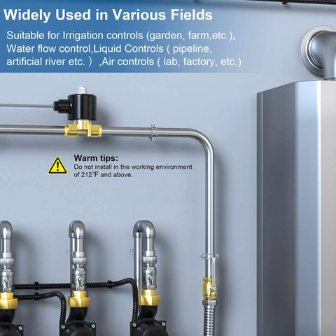Brass 3/8 Inch NPT Electric Solenoid Valve Normally Closed DC 220V 2W040-10 installed in industrial setting