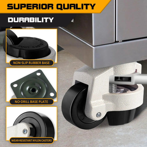 Heavy Duty Adjustable Leveling Casters With Tough Rubber Wheels Delivering That Silky Smooth Roll Plus Rock Solid Stability For Zero Drama Setup Under Any Hefty 4400 Lbs Load on equipment.